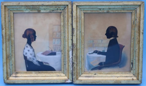 19TH C. WATER COLOR SILHOUETTES, MAN & WOMAN IN A