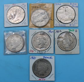 7 PEACE SILVER DOLLARS, 1921 XF/AU, 1922 XF/AU,