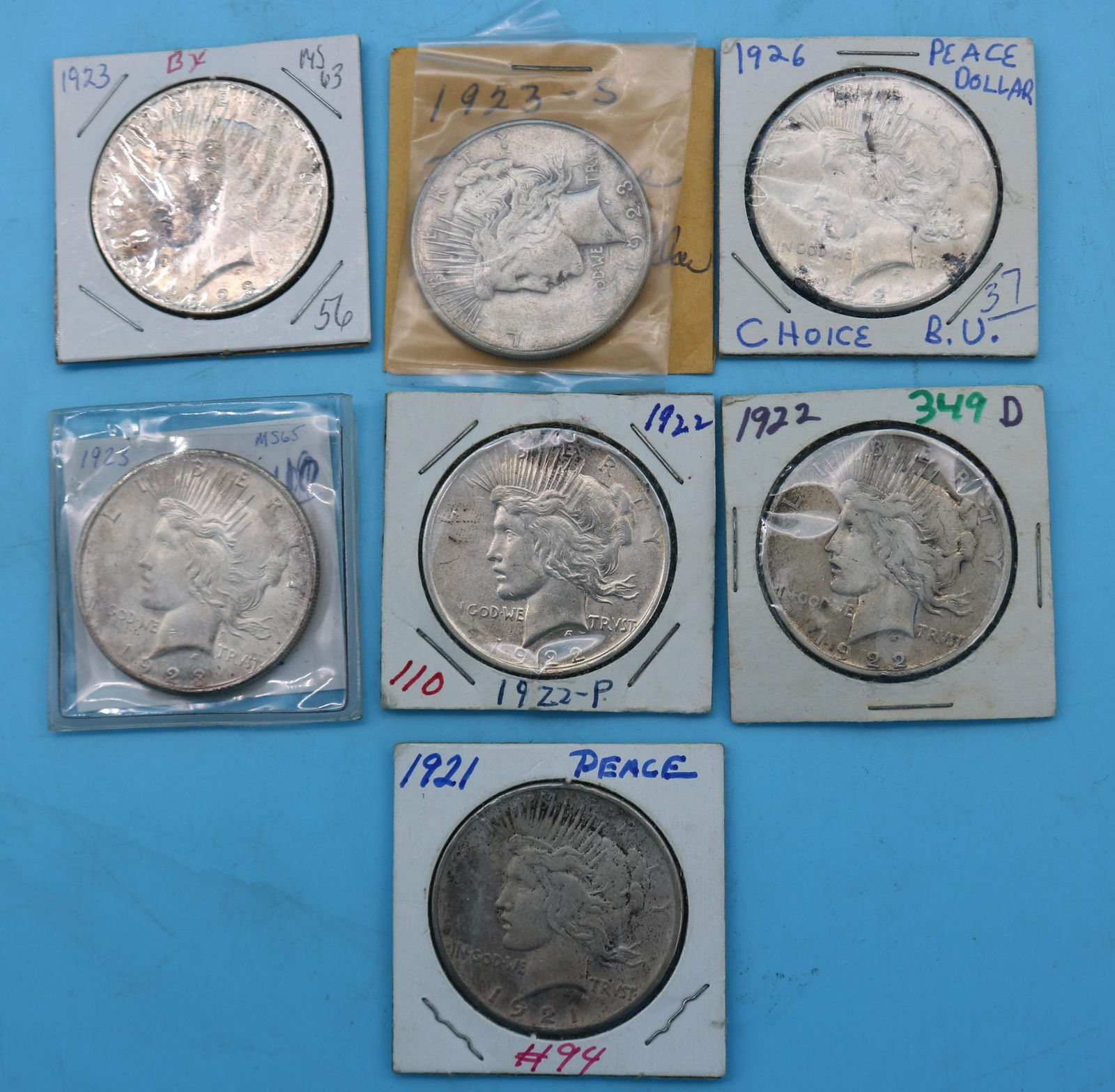 7 PEACE SILVER DOLLARS, 1921 XF/AU, 1922 XF/AU, (1 of 6)