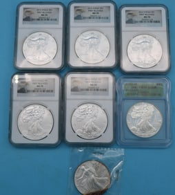 7 SILVER EAGLES, (5) 2012 SLABBED & GRADED MS70,