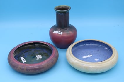3 PCS. FULPER POTTERY, 2 LOW BOWLS, 8 3/4" DIA.,