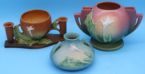 3 PIECES ROSEVILLE, THORNAPPLE #313, CANDLESTICK