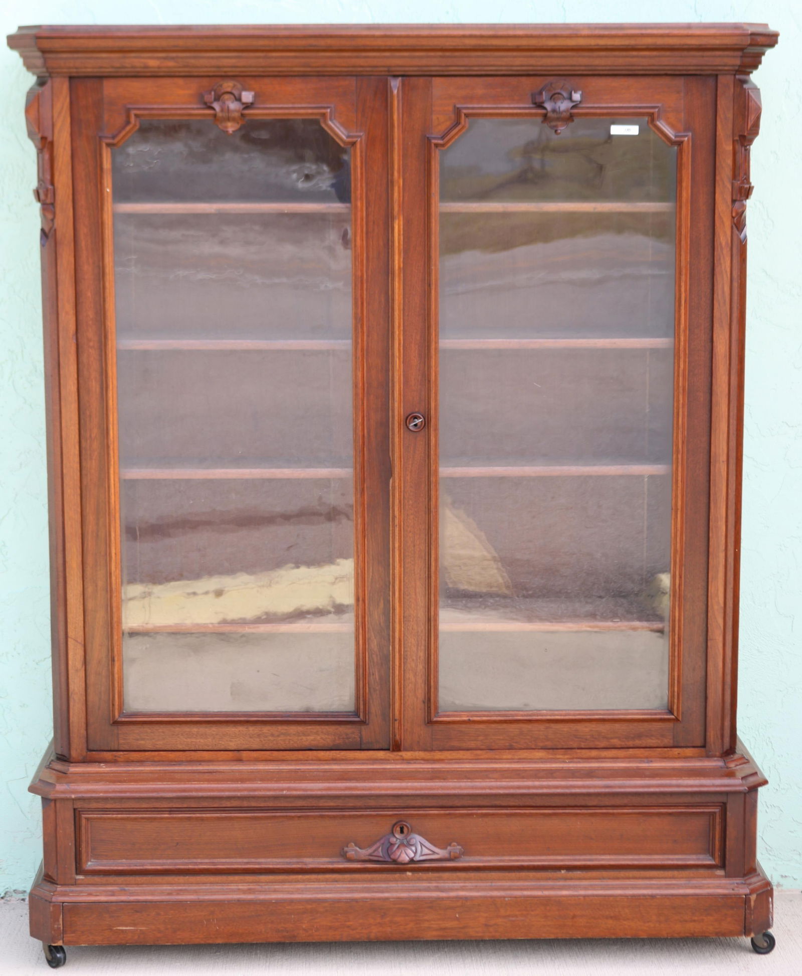 VICTORIAN WALNUT 2 DOOR BOOKCASE ON 1 DRAWER (1 of 4)