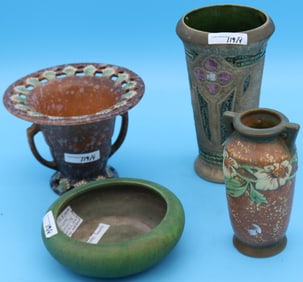 4 EARLY ROSEVILLE PIECES, FERELLA HANDLED VASE 5"