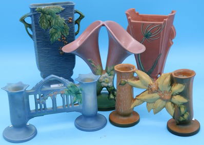 5 PCS. ROSEVILLE 145-8" WHITE ROSE DOUBLE VASE,