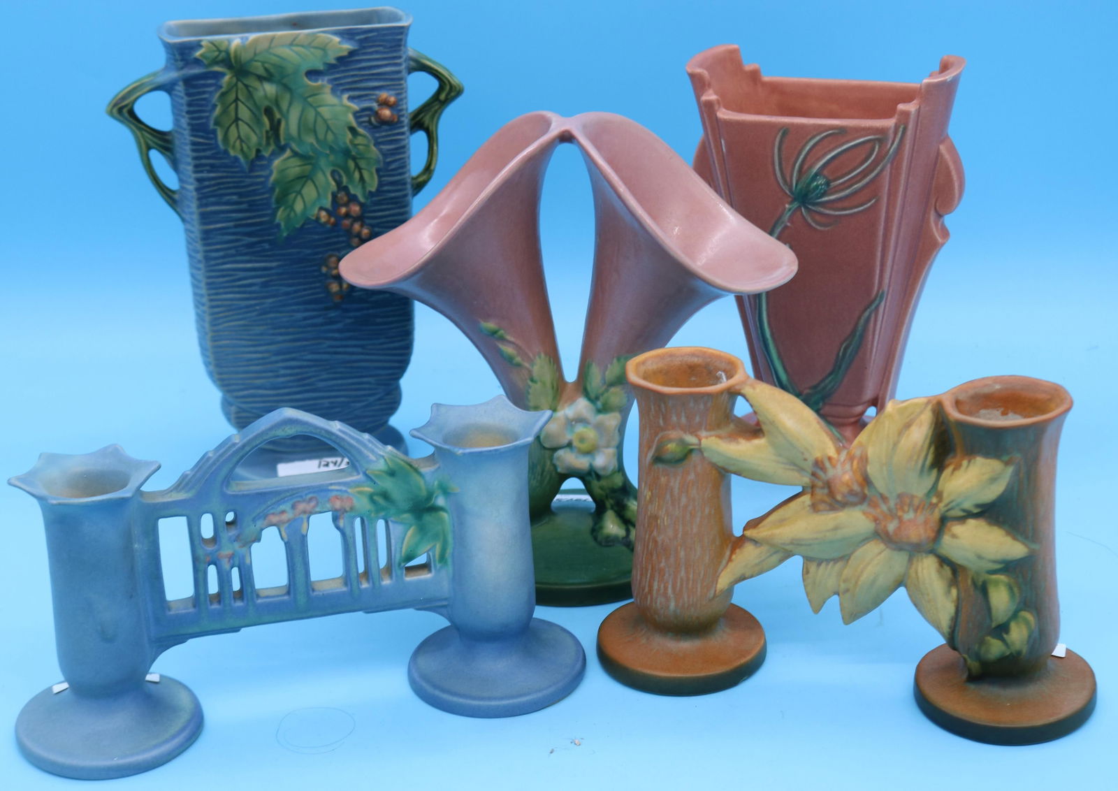 5 PCS. ROSEVILLE 145-8" WHITE ROSE DOUBLE VASE, (1 of 2)