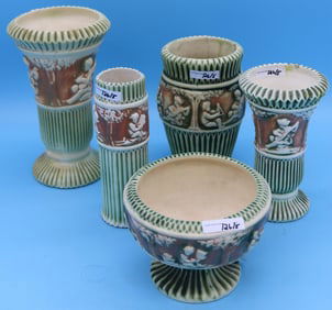 5 PCS. ROSEVILLE DONATELLO 1915, 4 VASES 8" - 10"