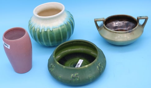 4 PCS. ART POTTERY, MATTE GREEN BOWL 7" D,