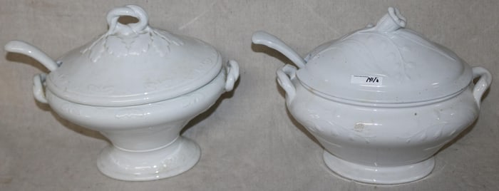 TWO 19TH C. WHITE IRONSTONE COVERED TUREENS WITH