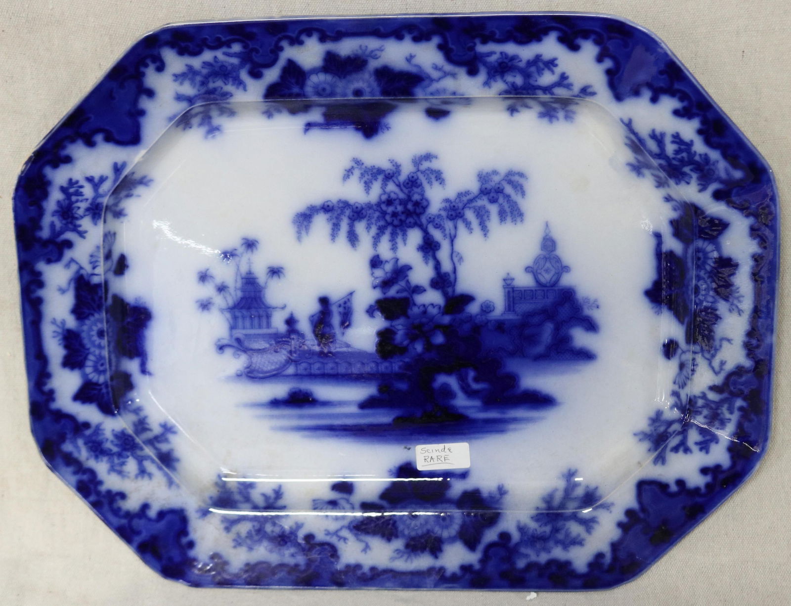 LARGE 19TH C. FLO BLUE PLATTER "SCINDE" 20" X 15 (1 of 4)