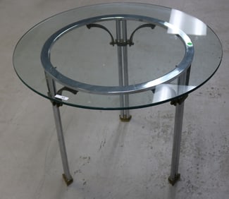 MODERN CHROME & BRASS TABLE WITH GLASS TOP, 22
