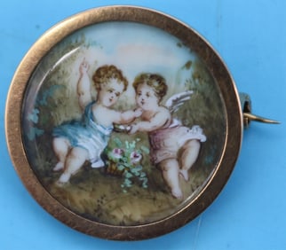 19TH C. 14K PIN WITH MINIATURE PAINTING OF