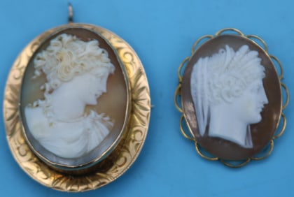 TWO LATE 19TH-20TH C. SHELL CARVED CAMEOS, 10K