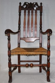 18TH C. BARRISTER BACK ARM CHAIR, CARVED CREST,