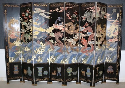 LARGE 8 PANEL ORIENTAL LACQUERED FOLDING SCREEN,