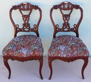 PAIR ORNATE VICTORIAN MAHOGANY SIDE CHAIRS,