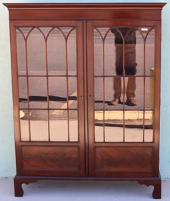 CUSTOM MAHOGANY 2 DOOR BOOKCASE, GOTHIC ARCH