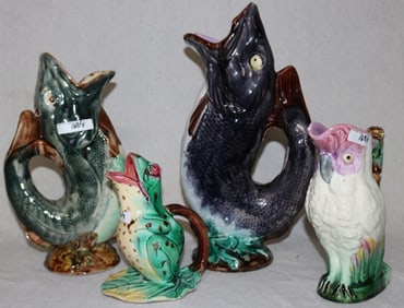 4 MAJOLICA FIGURAL PITCHERS, 11" & 13" H, BOTH
