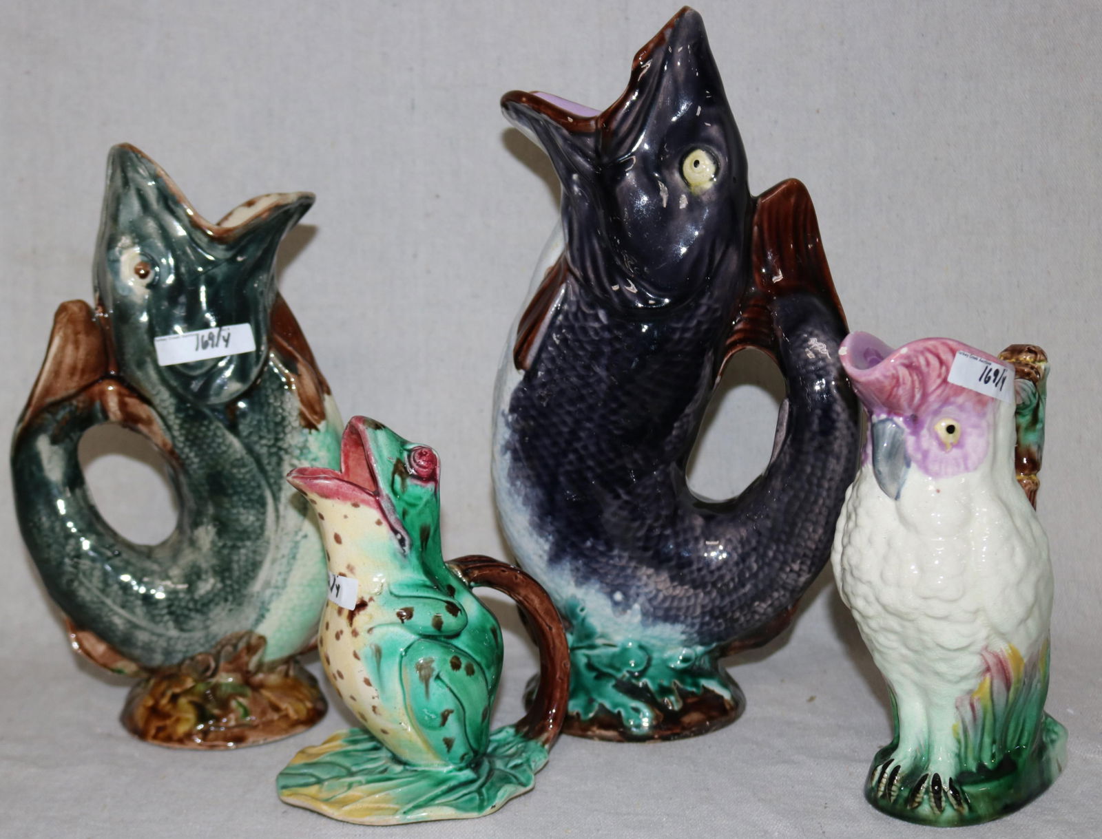 4 MAJOLICA FIGURAL PITCHERS, 11" & 13" H, BOTH (1 of 5)