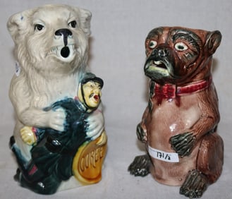 2 FIGURAL MAJOLICA PITCHERS, BULL DOG 7 1/2" H,