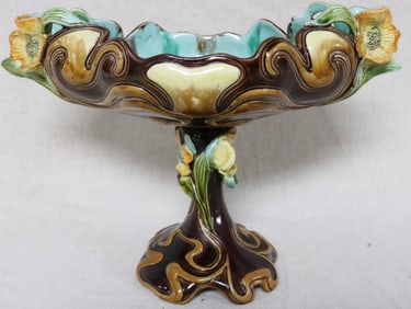 ART NOUVEAU MAJOLICA COMPOTE, FLORAL DESIGNS,