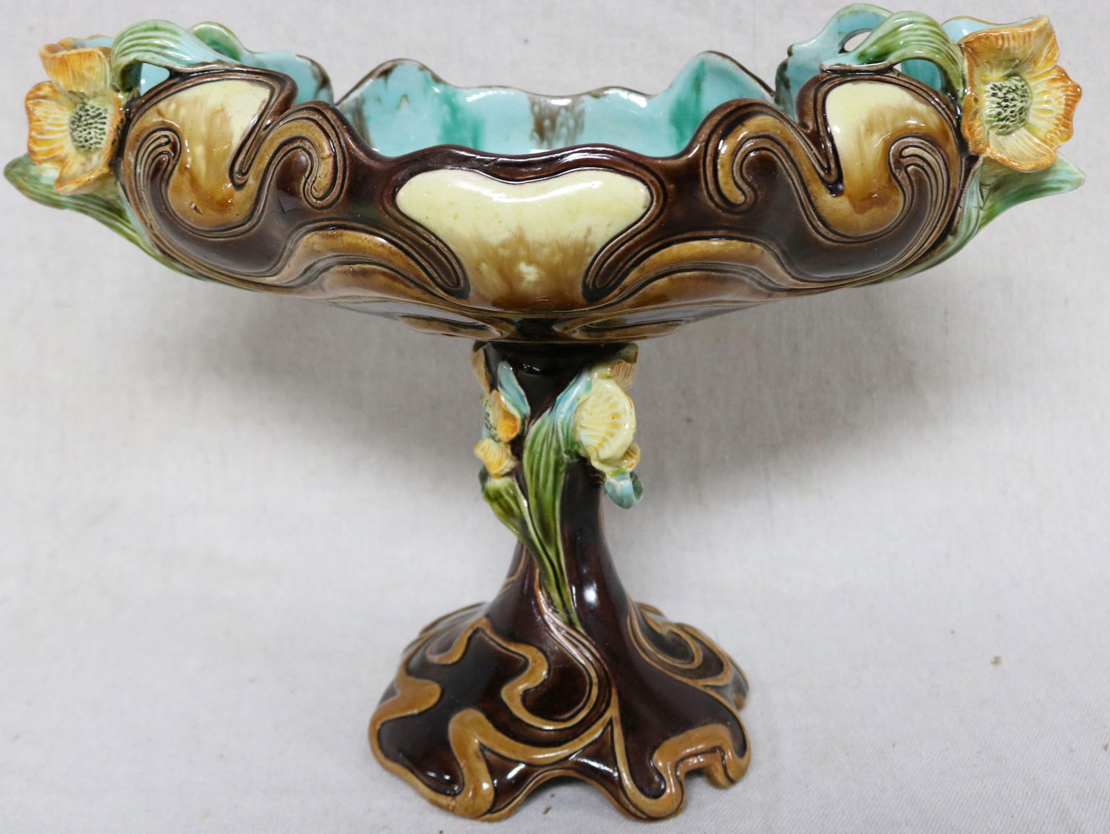 ART NOUVEAU MAJOLICA COMPOTE, FLORAL DESIGNS, (1 of 3)