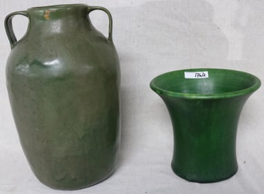 2 MATTE GREEN ART POTTERY VASES, 1 WITH HANDLES