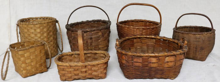 COLLECTION OF 7 WOVEN, HANDLED SPLINT BASKETS,