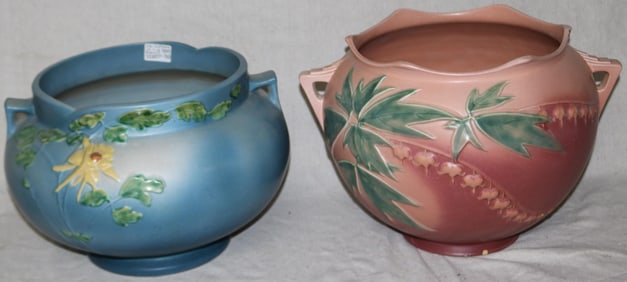 2 LARGE ROSEVILLE JARDINIERES, COLUMBINE 655-10",