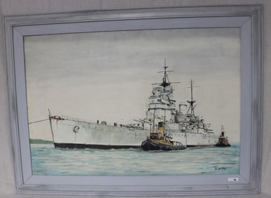 OIL ON MASONITE PORTRAIT OF A BATTLE SHIP, H.M.S