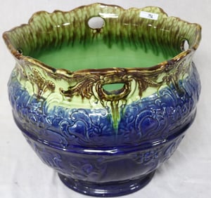 LARGE MAJOLICA JARDINIERE, BLUES & GREENS,