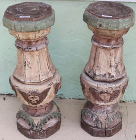 PAIR SHORT CARVED & PAINTED COLUMNS, POSSIBLY