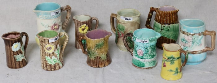 10 MAJOLICA PITCHERS & CREAMERS, 4 1/4" - 6 1/2"