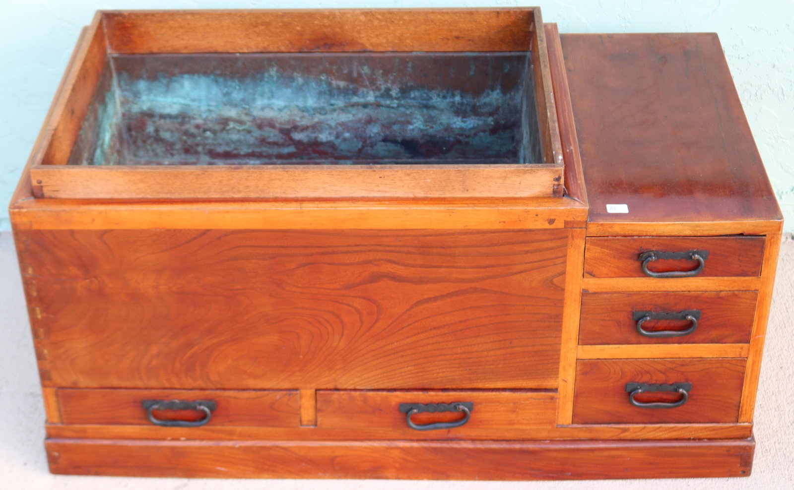 JAPANESE TEAK HIBACHI, 5 DRAWERS, COPPER INSERT,: NATURAL FINISH, 17" H, 33 1/2" W, 18 1/4" D