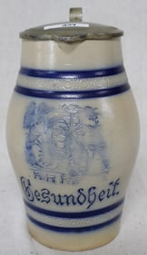 STONEWARE HANDLED PITCHER WITH PEWTER TOP, BLUE