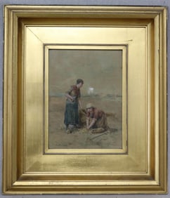 19TH C. WATERCOLOR, 2 PEASANTS IN FIELD SIGNED
