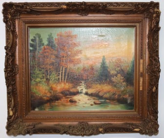 OIL ON CANVAS, AUTUMN LANDSCAPE WITH BROOK SIGNED