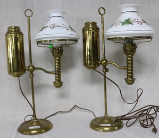 TWO ADJUSTABLE BRASS STUDENT LAMPS, ELECTRIFIED,