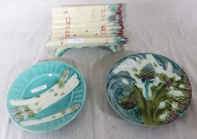 3 FRENCH MAJOLICA ASPARAGUS DESIGN SERVING PCS.,