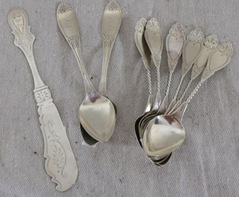 9 PCS. COIN SILVER 19TH C. (6) 5 3/4" SPOONS