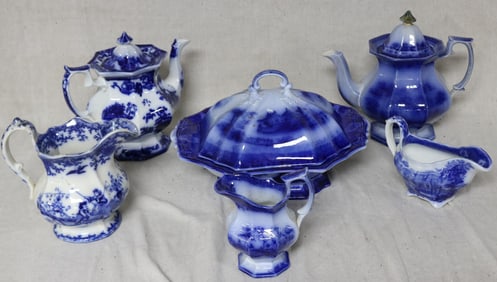 SIX PICS 19TH C. FLO BLUE, COVERED FOOTED TUREEN,