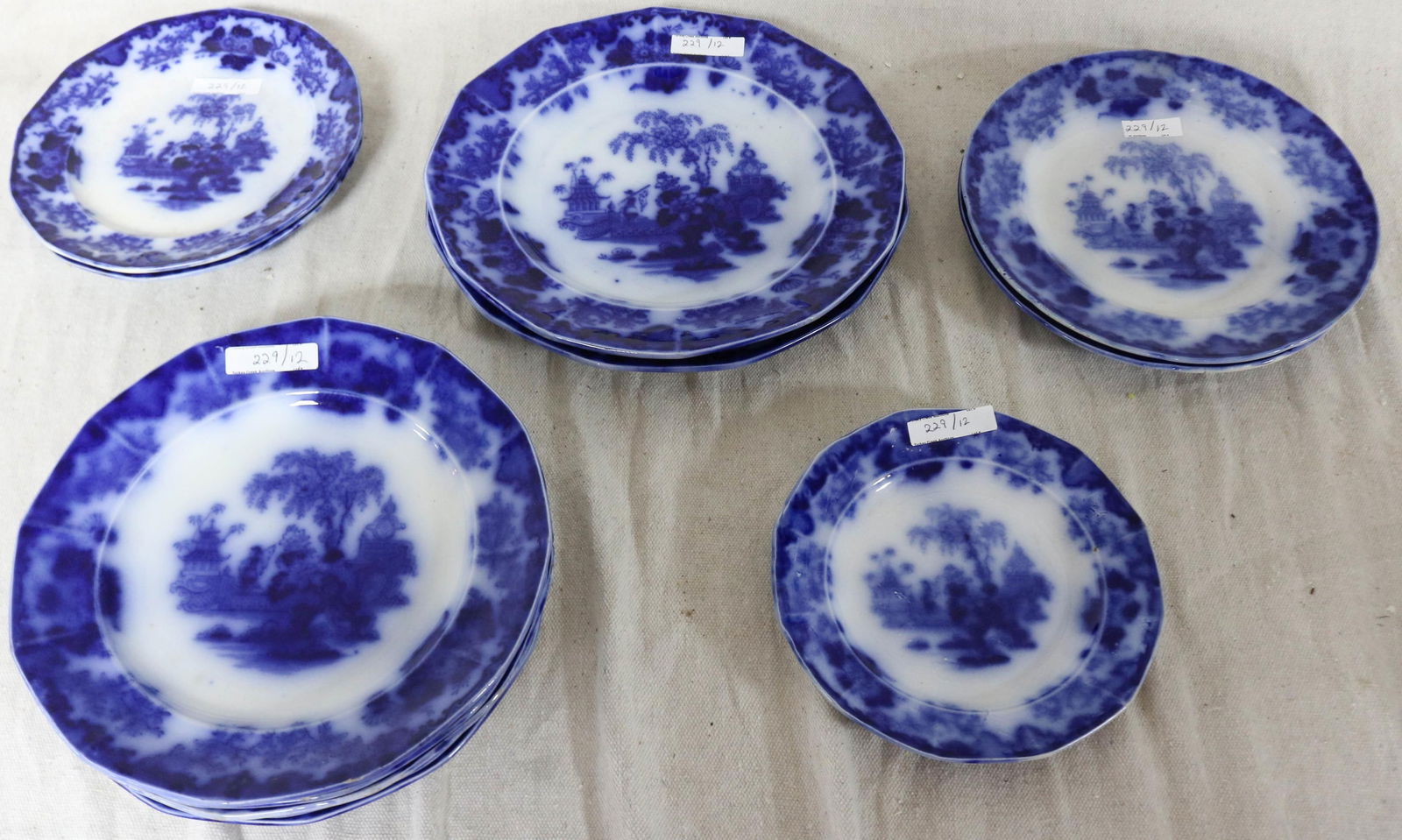 12 FLO BLUE PLATES "SCINDE" PATTERN, (2) 10 1/2" (1 of 3)