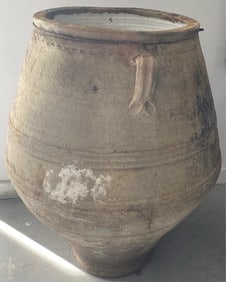 LARGE REDWARE GARDEN URN, HEAVY, SHOWS CRACKS