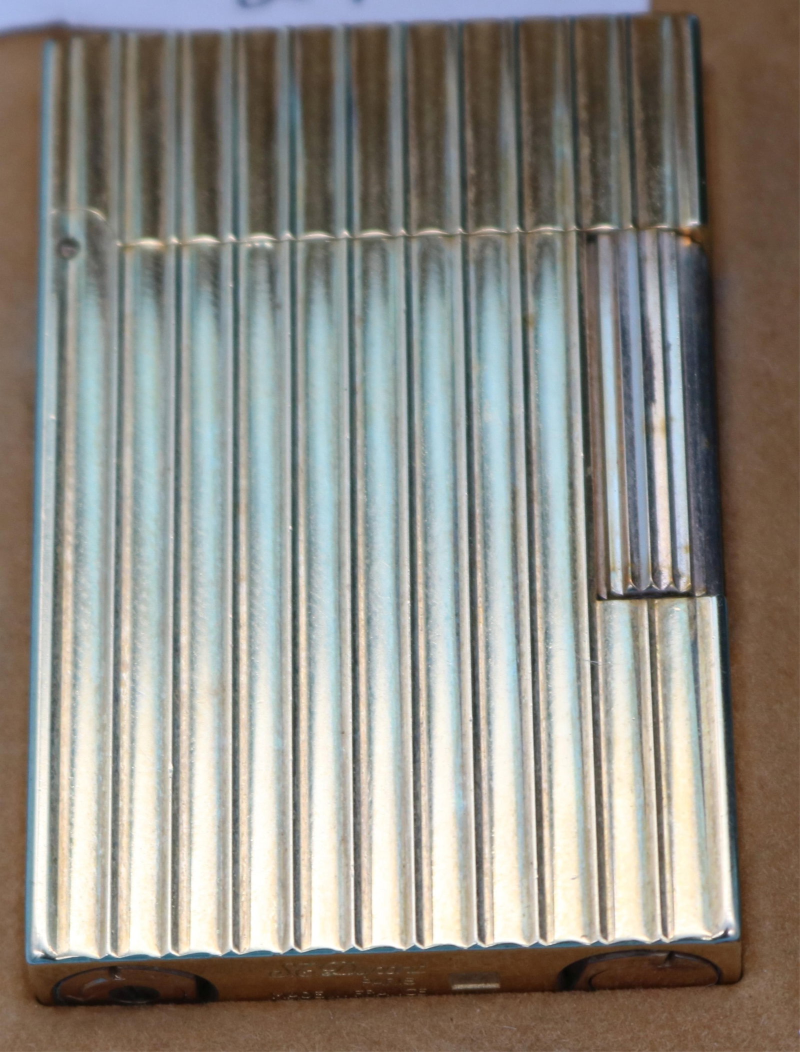 J.T. DUPONT GOLD PLATED LIGHTER IN ORIGINAL BOX: WITH PAPER WORK, NEEDS FLUID, 2 3/8" H, 1 5/8" W