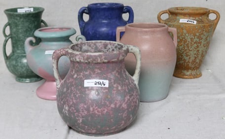 6 ART POTTERY VASES, UNMARKED, VARIOUS COLORS &