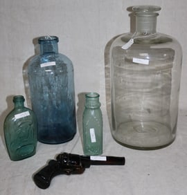 5 OLD BOTTLES, LARGE STOPPERED APOTHECARY, CLEAR