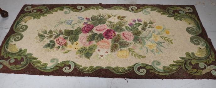 TWO MID 20TH C. HOOKED RUGS, FLORAL DESIGNS, ONE