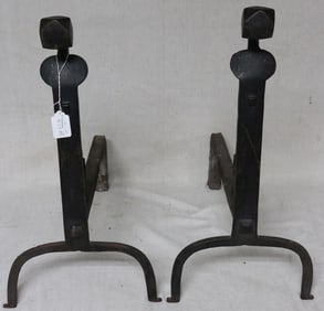 PAIR 18TH C. WROUGHT IRON ANDIRONS, FACETED TOPS,