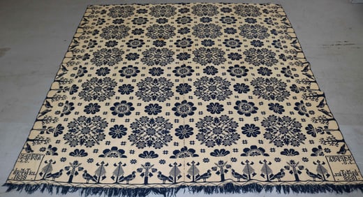 19TH C. BLUE & WHITE SUMMER/WINTER WOVEN COVERLET