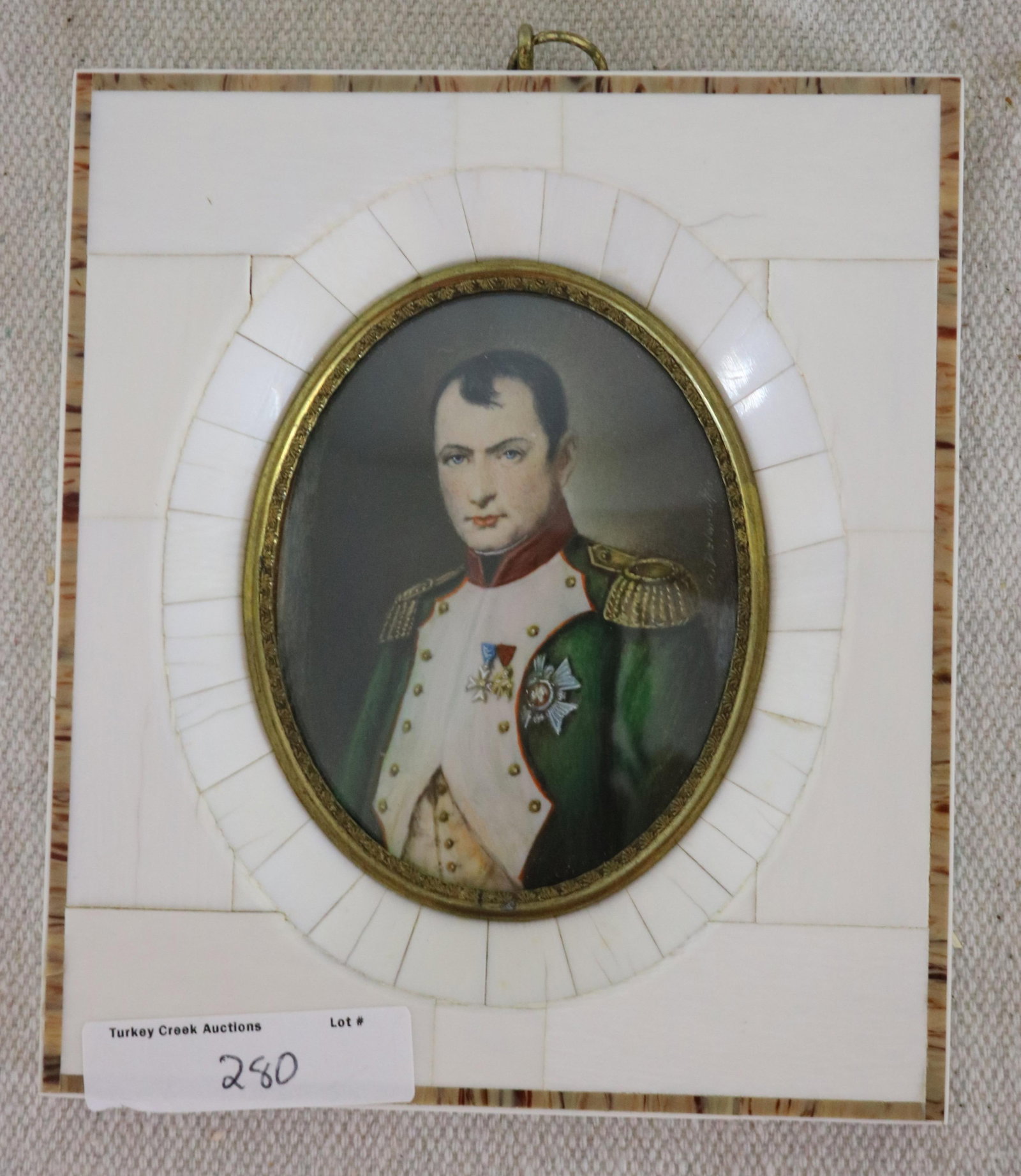 MINIATURE OVAL PORTRAIT OF NAPOLEON, SIGNED N.: DELEYRAIRE? BONE FRAME, 3 1/4" H, 2 1/2" W, SIGHT, 5 1/2" W, 4 3/4" OVERALL